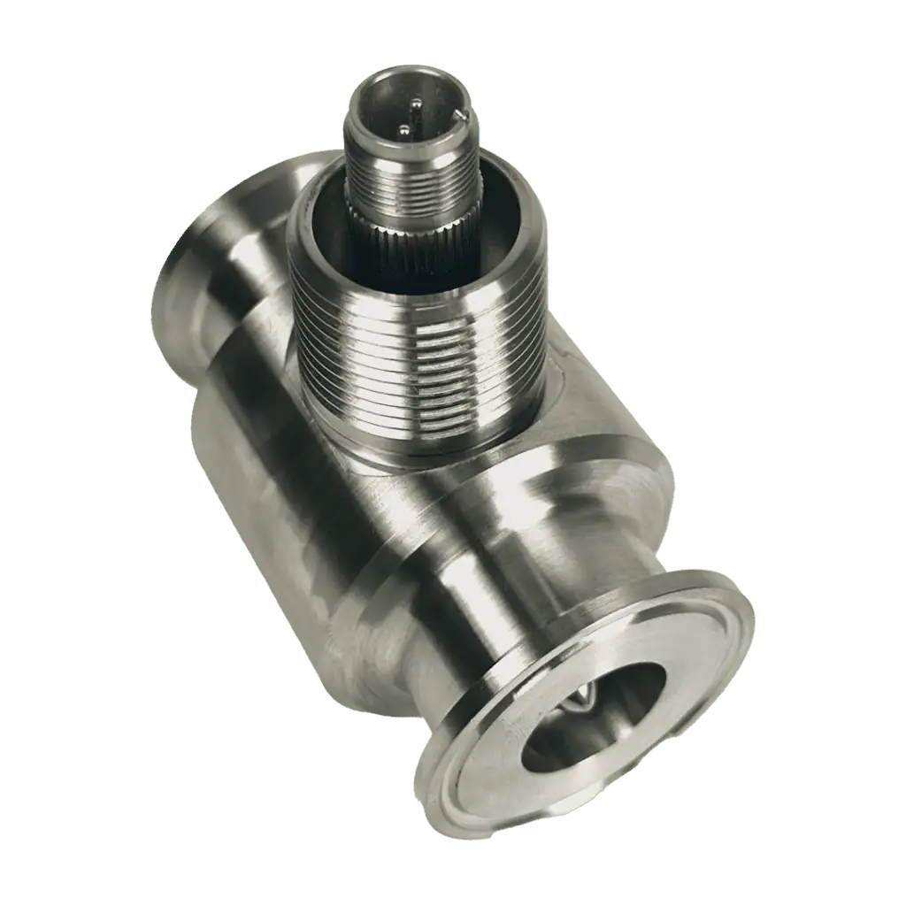View from top of a stainless steel sanitary turbine flow meter with a three prong electronics connector on the top