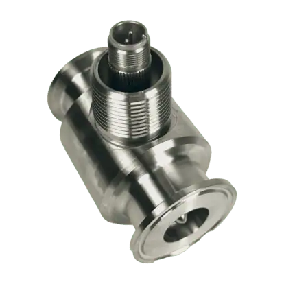 View from top of a stainless steel sanitary turbine flow meter with a three prong electronics connector on the top