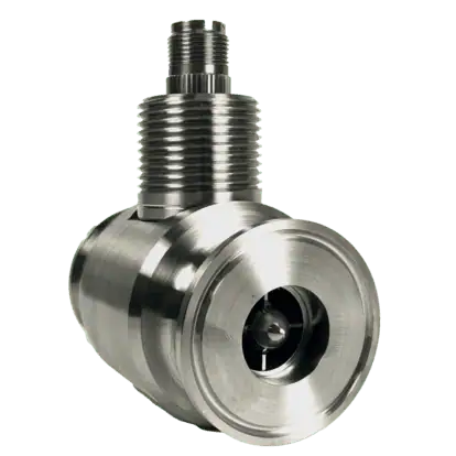 A stainless steel sanitary flow meter with a threaded end