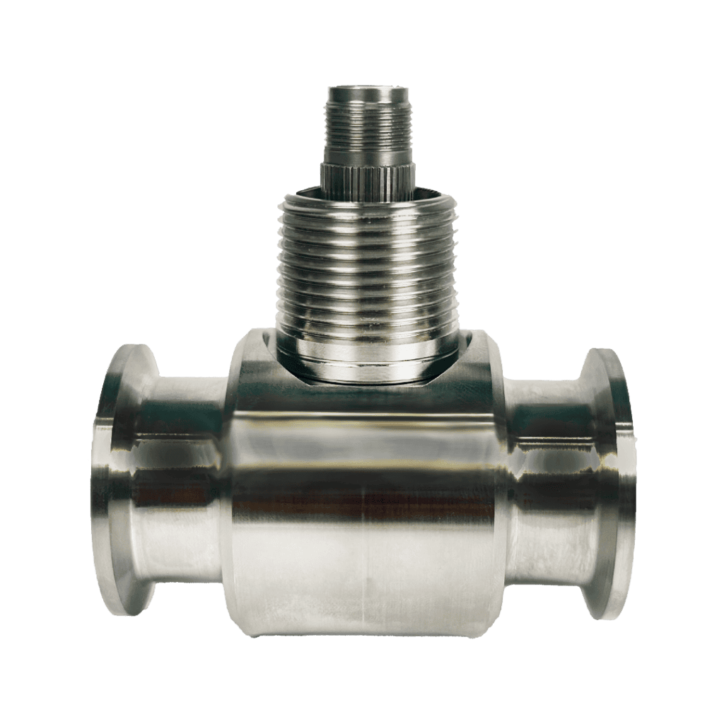 A stainless steel sanitary turbine flow meter with a threaded end