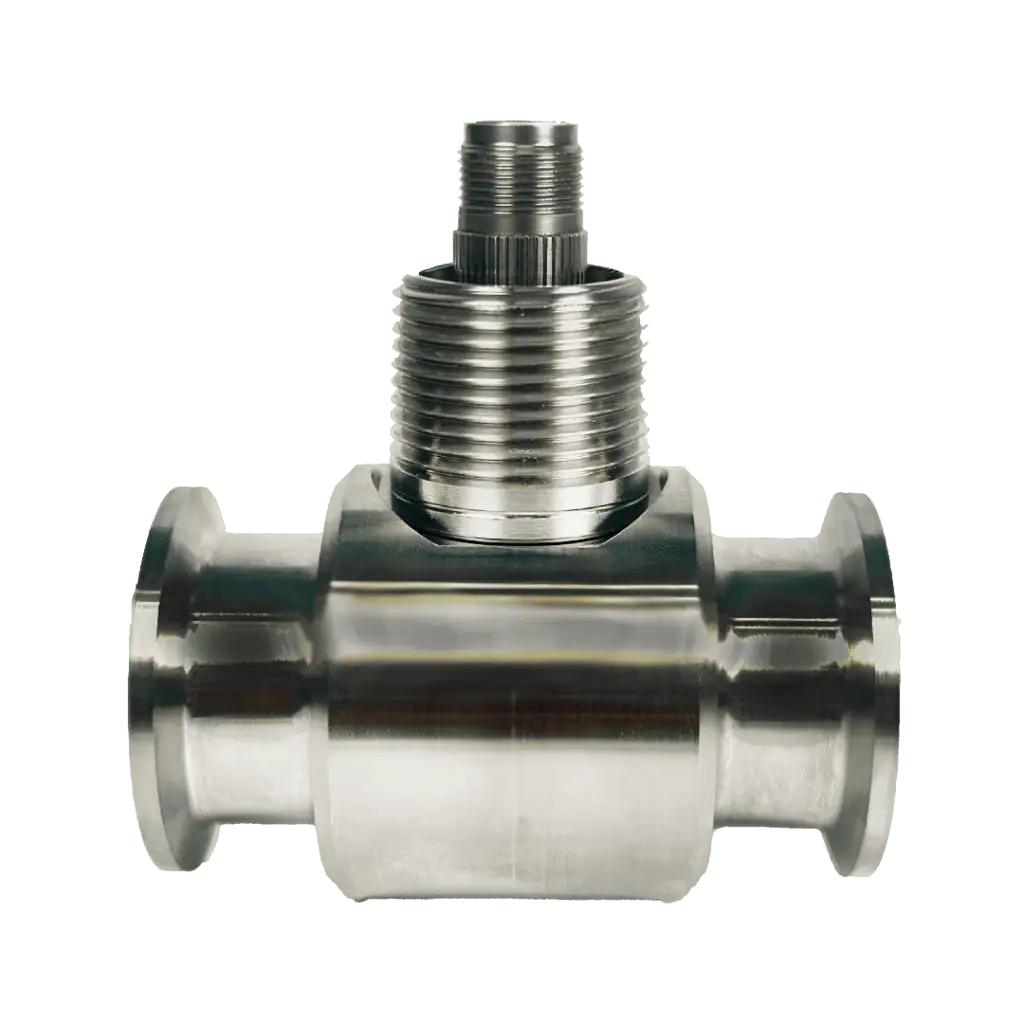 A stainless steel sanitary turbine flow meter with a threaded end