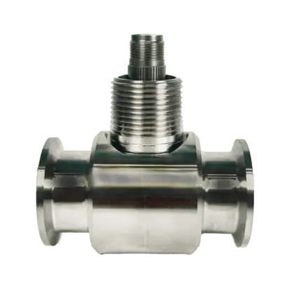 A stainless steel sanitary turbine flow meter with a threaded end
