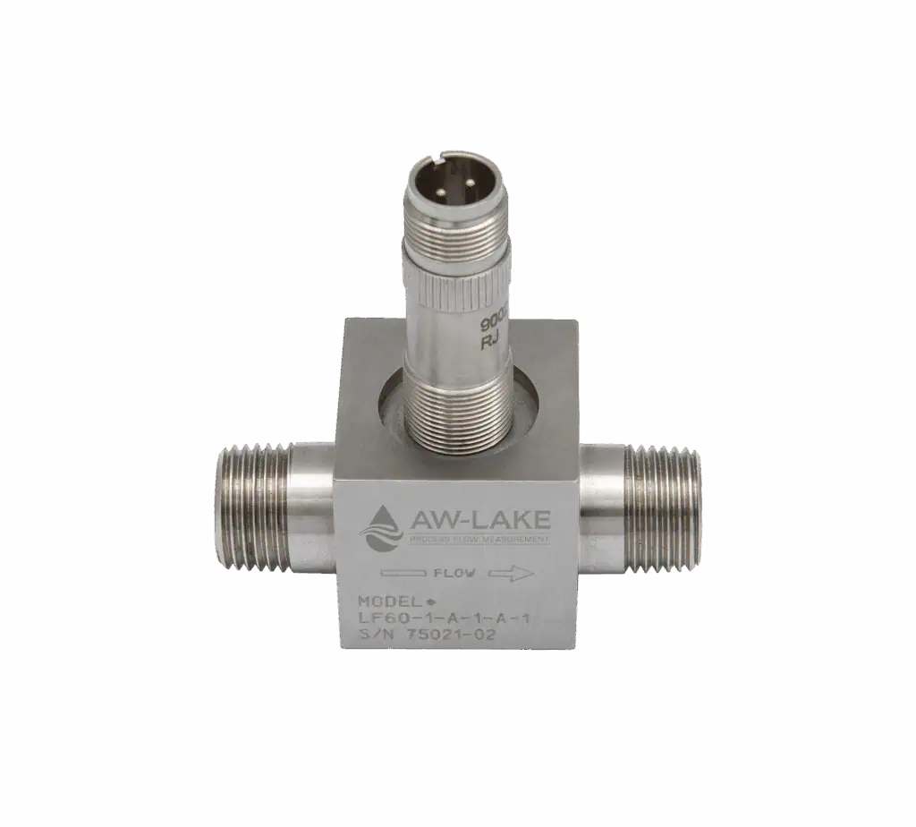 stainless steel turbine flow meter with the AW-Lake logo on the side