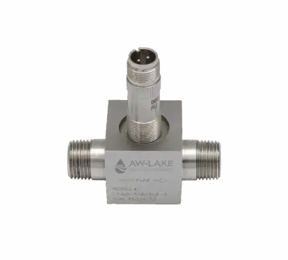 stainless steel turbine flow meter with the AW-Lake logo on the side