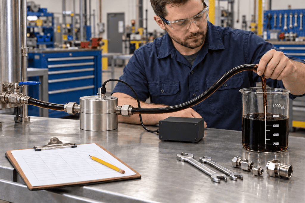 Technician performing a flow meter K-Factor test with beaker and equipment.